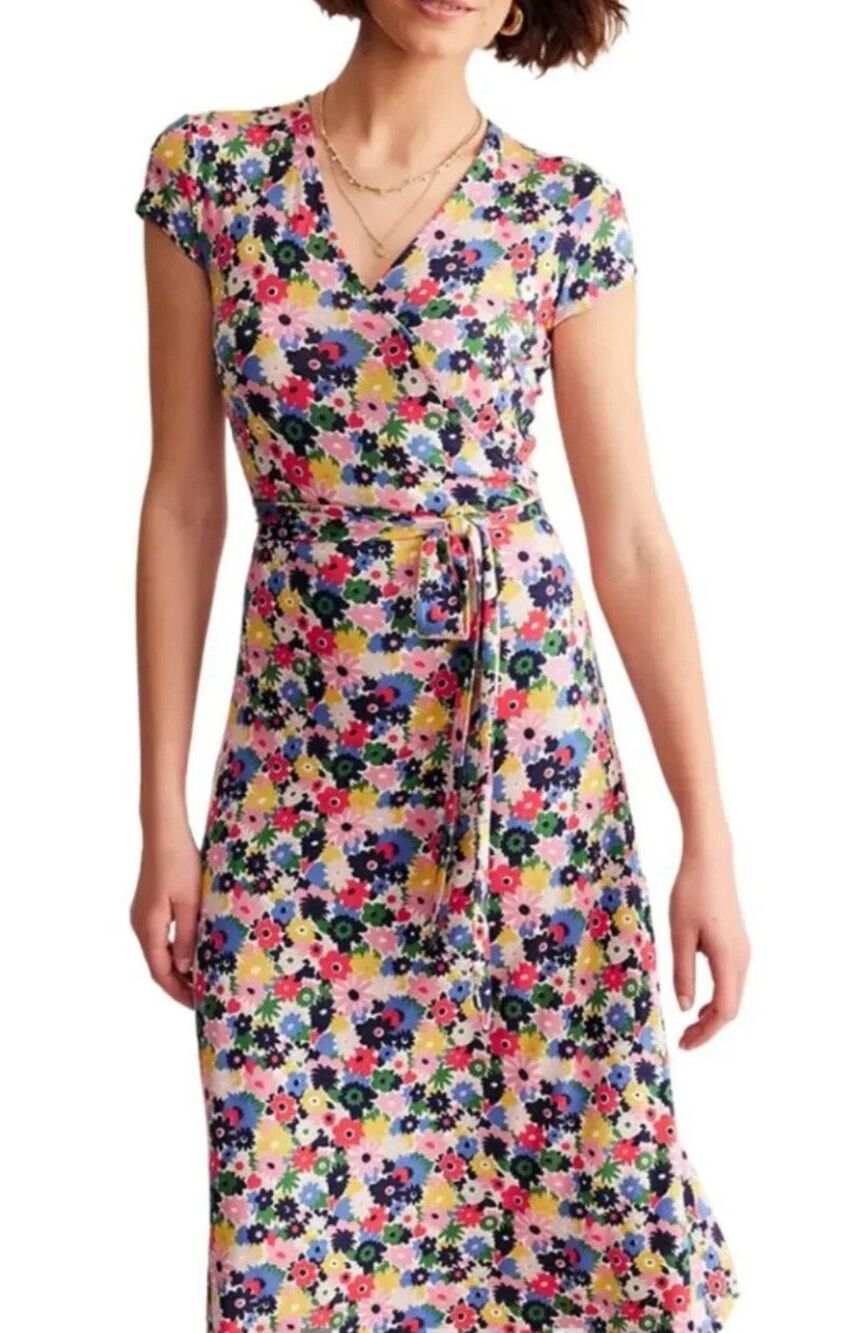 Boden Joanna Floral Print Wrap Dress US Sz 6R Cap Sleeve midi Jersey career